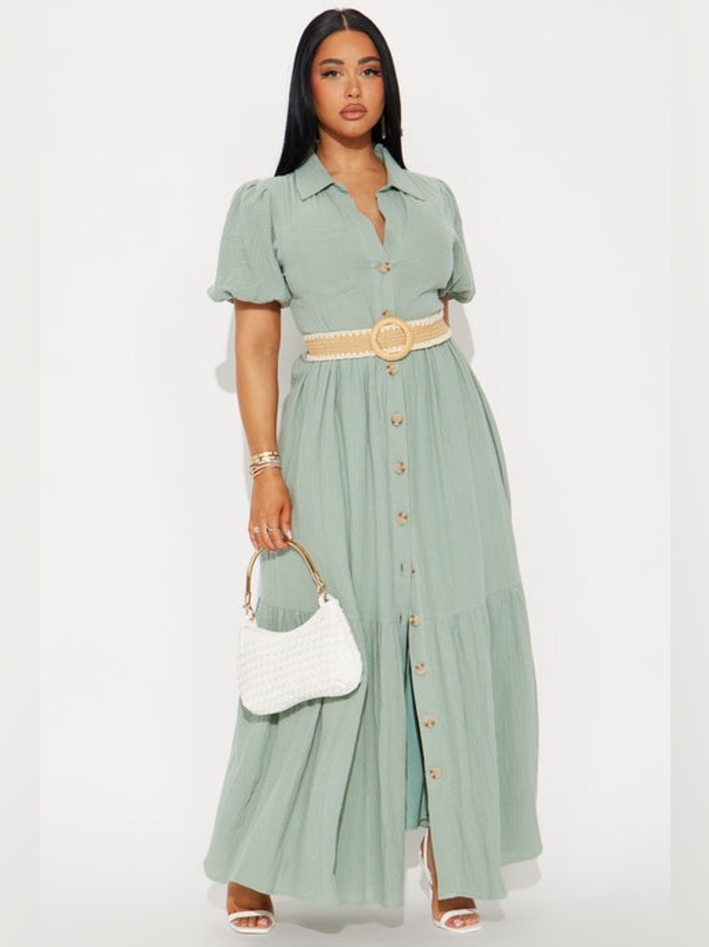 Fashion Nova Sage Green Cotton Dress with Puff Sleeves
